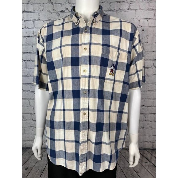 Disney Other - Mens Disney Store Mickey Mouse Shirt Button Collar Plaid Blue/Tan sz XL